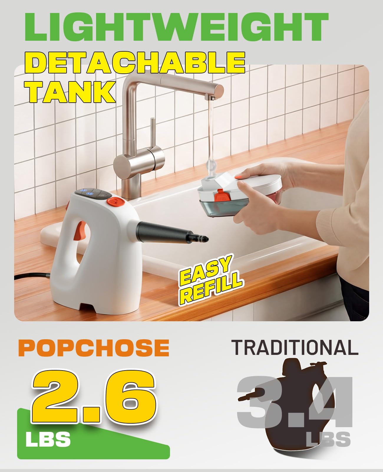 15-second heat-up of POPCHOSE steam cleaner ready for quick cleanups