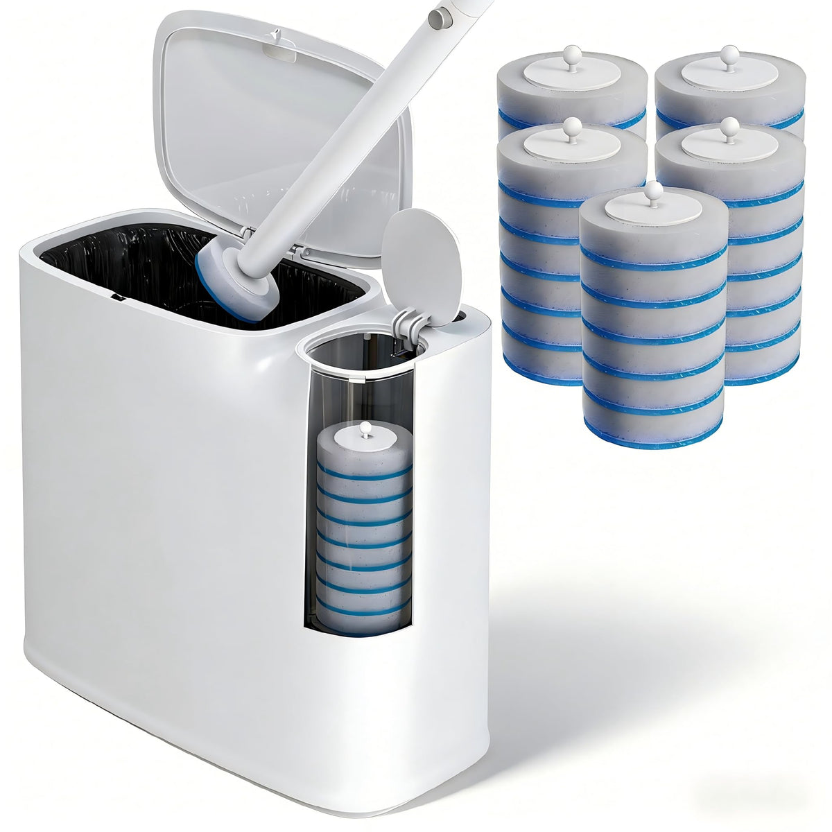 POPMOP white mini trash can in a tidy bathroom showing compact storage benefits