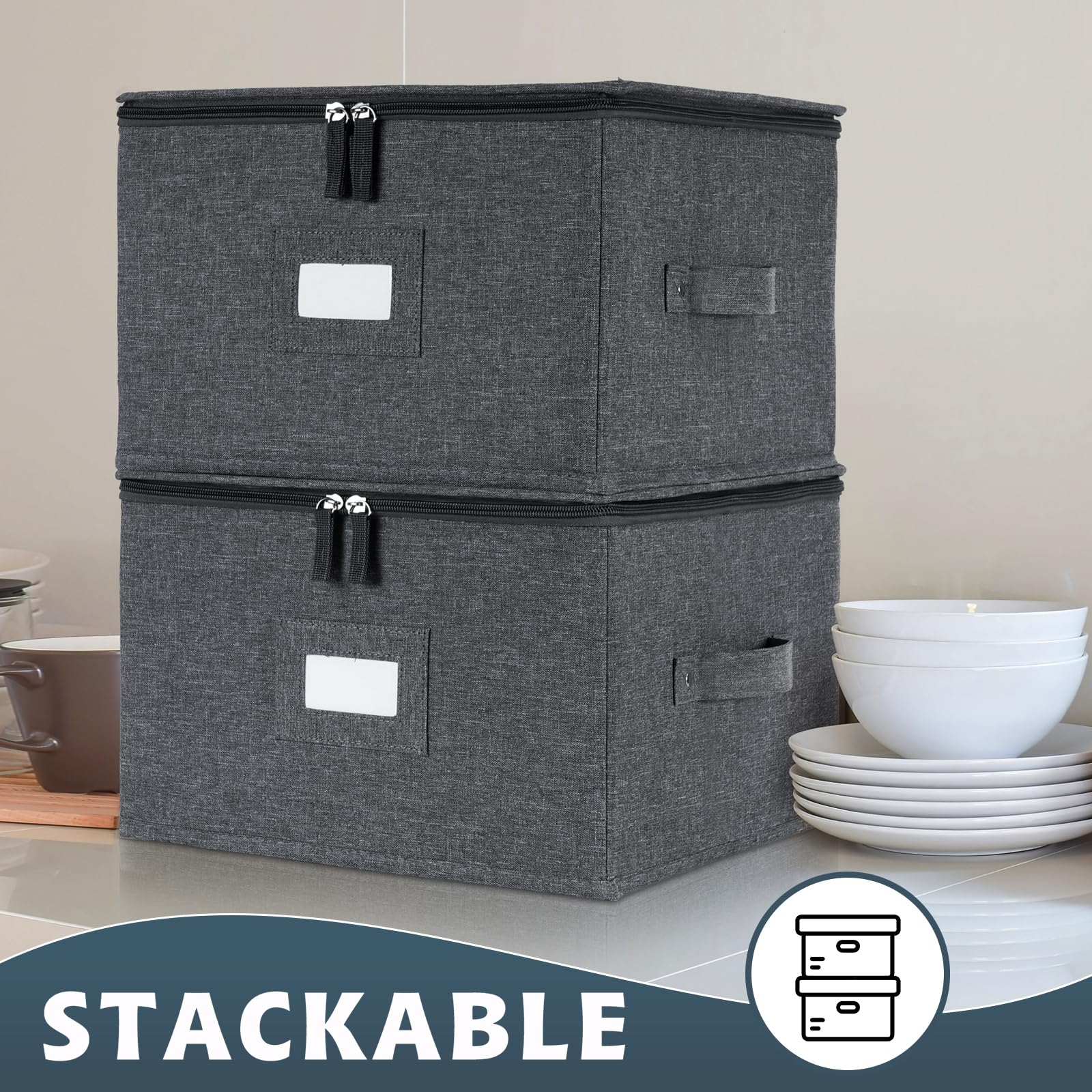 Popoly containers include 24 felt dividers to cushion plates during storage.