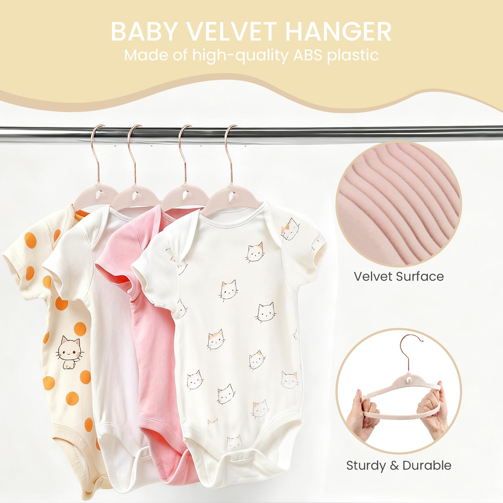 POPUBB Kids velvet hanger with 360° rose gold swivel hook for easy access.
