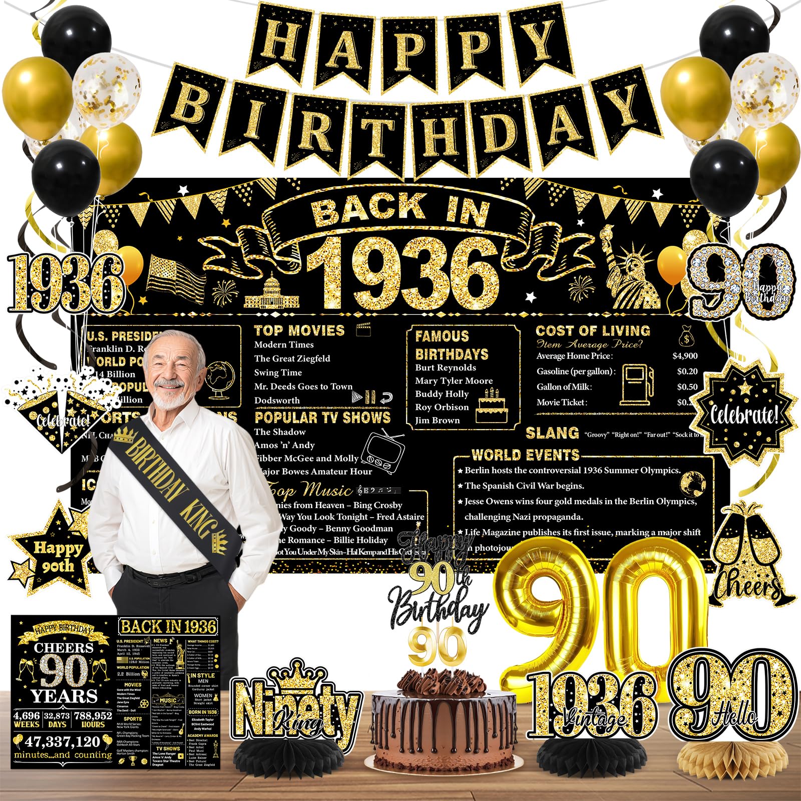 PopularLdo 90th birthday banner in black and gold for a classy celebration.
