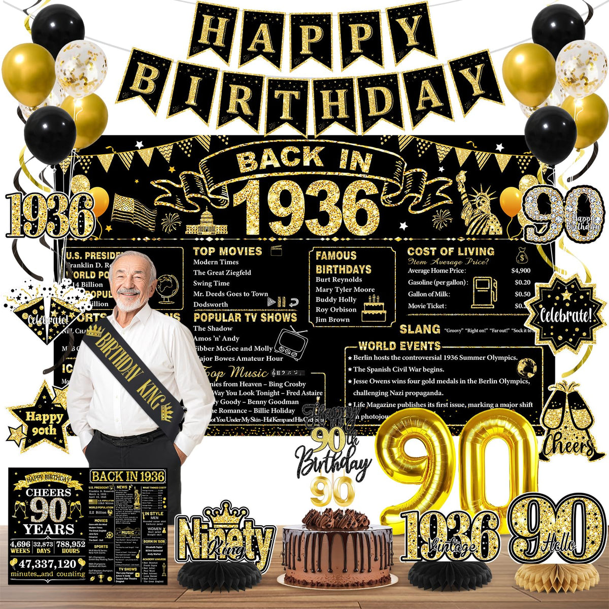 PopularLdo 90th birthday banner in black and gold for a classy celebration.