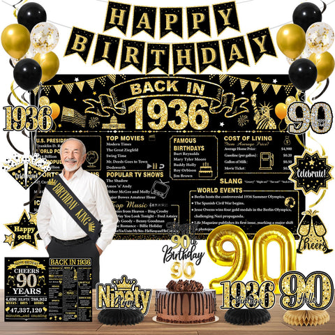 PopularLdo 90th birthday banner in black and gold for a classy celebration.