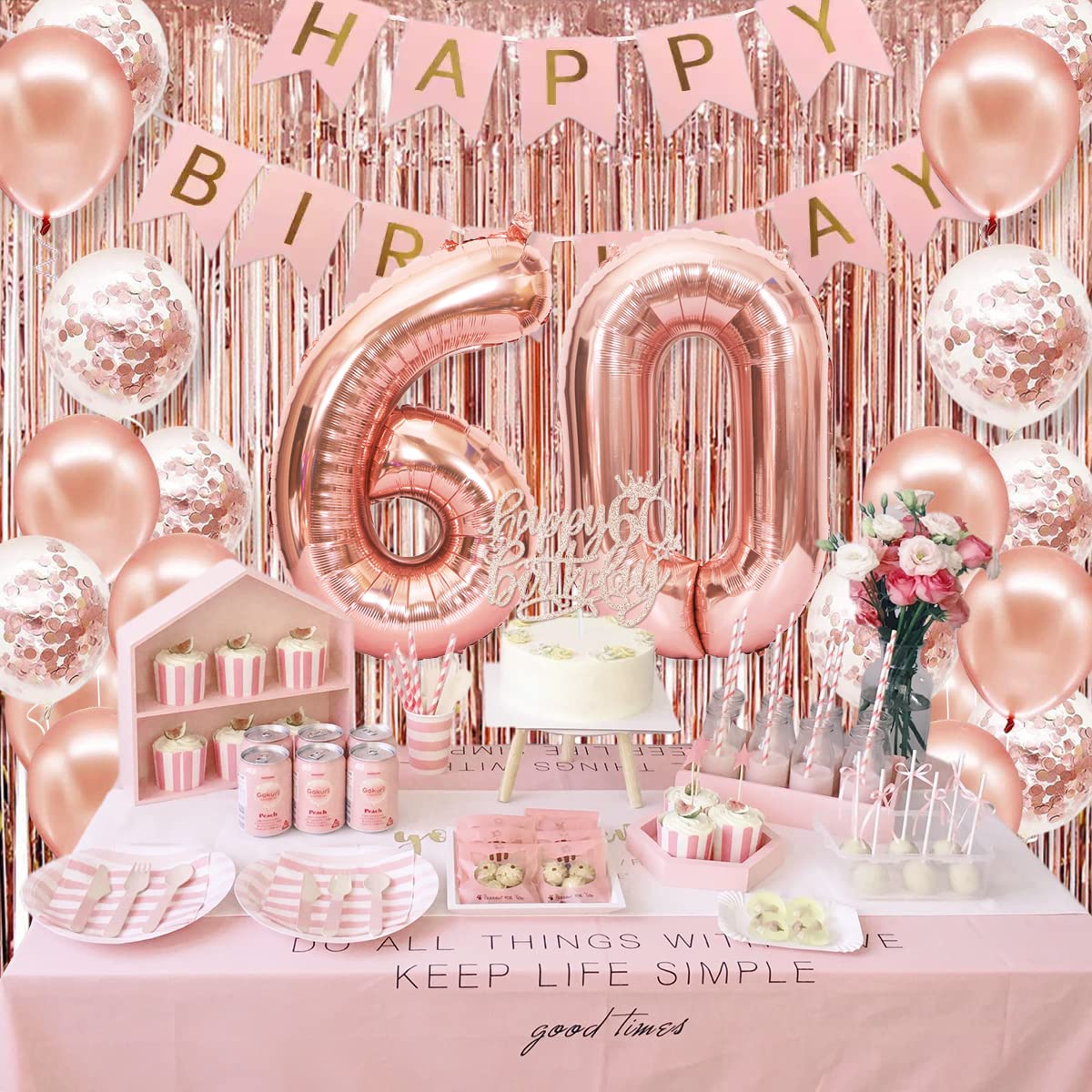 PopularLdo metallic rose gold balloons and confetti balloons decorate with festive shine.