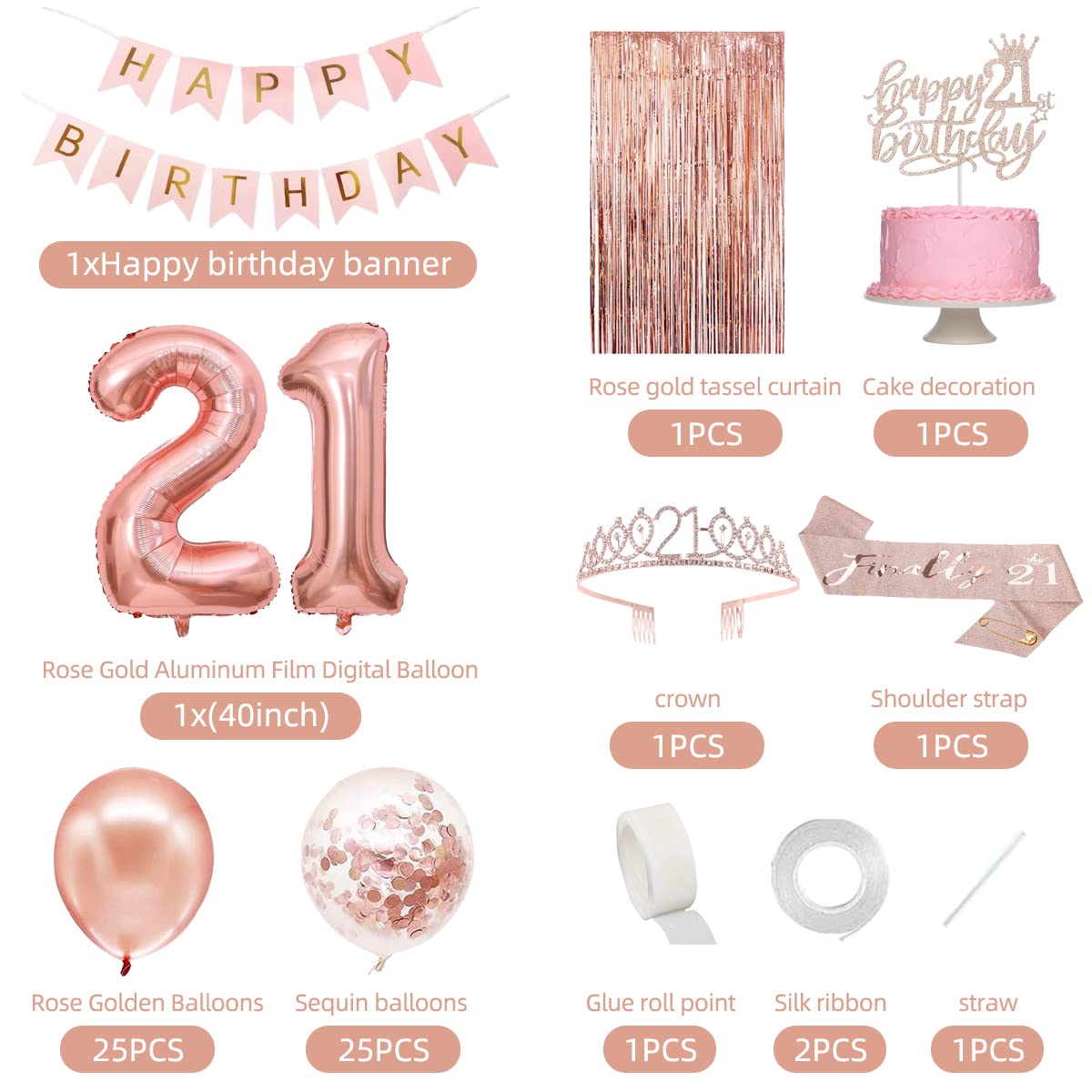 PopularLdo rose gold sash for the 21st birthday adds glittery elegance.