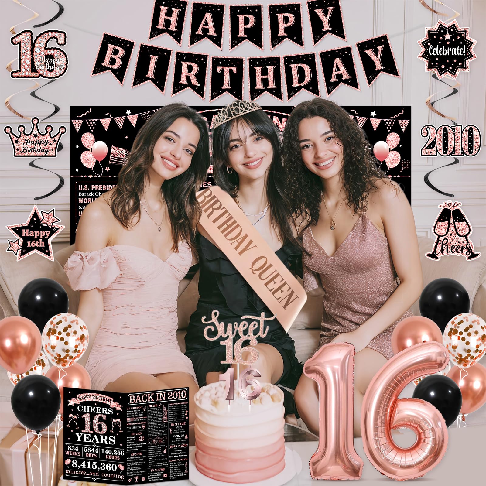 PopularLdo Sweet 16 rose gold banner anchors the theme for a bold message.