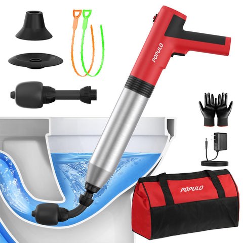 Populo electric toilet plunger in use clears stubborn clogs quickly.