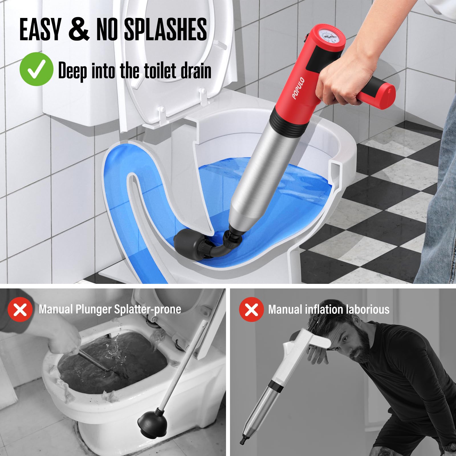 Populo toilet plunger head with flexible bend eases use and reduces splatter.