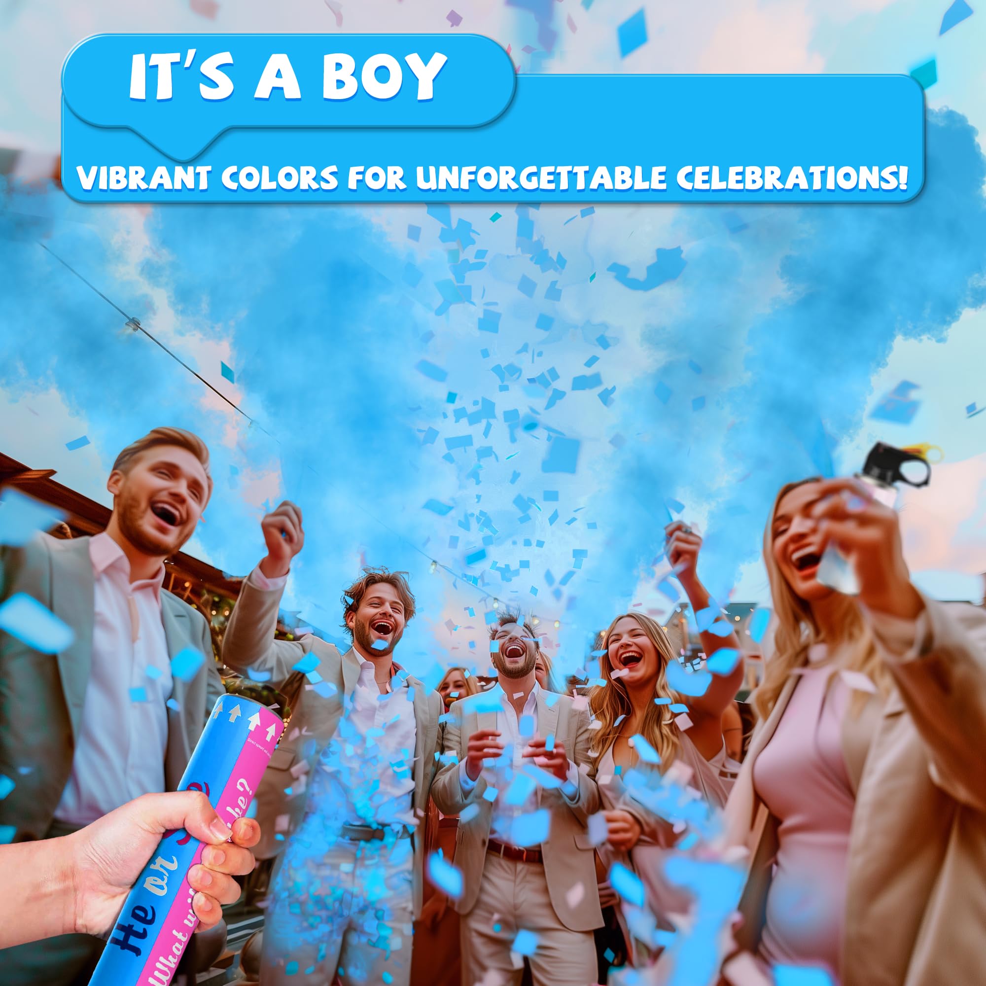 POPUPARTY blue confetti cannons provide a vivid shower for photos.