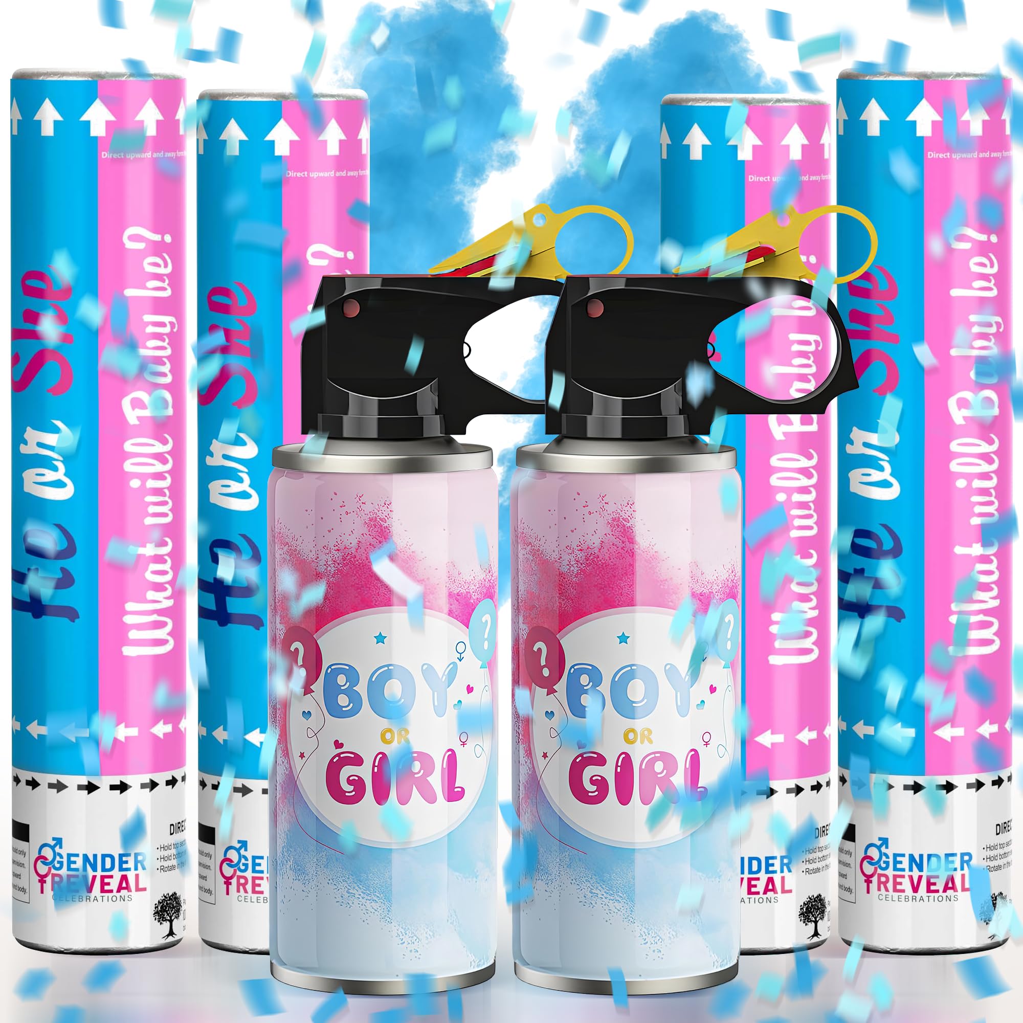 POPUPARTY blue gender reveal extinguishers ready for a dramatic baby announcement moment.