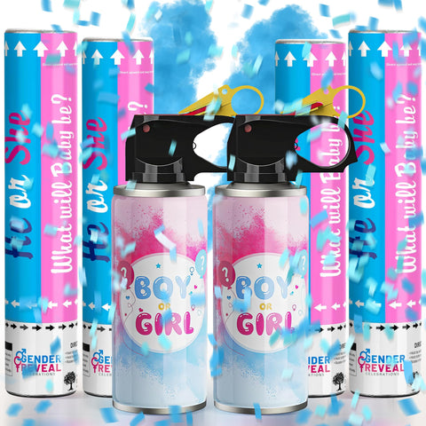 POPUPARTY blue gender reveal extinguishers ready for a dramatic baby announcement moment.
