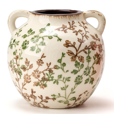 PORCER green and beige antique vase with chinoiserie floral detail for shelves.