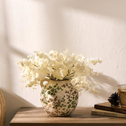 PORCER green-beige vase ideal for compact shelf displays.