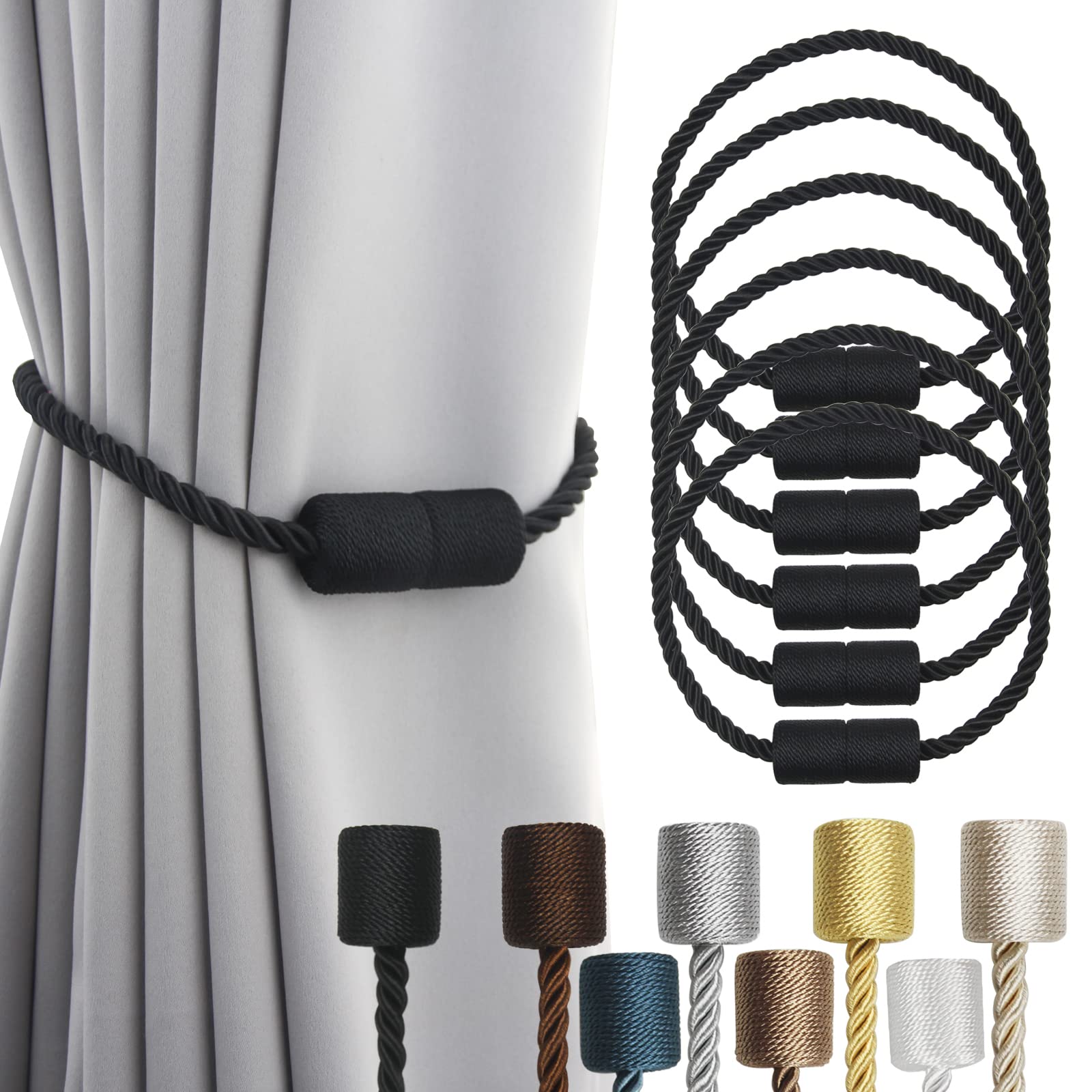 Porlau 6-pack black strong magnetic curtain tiebacks securing drapes with a soft touch