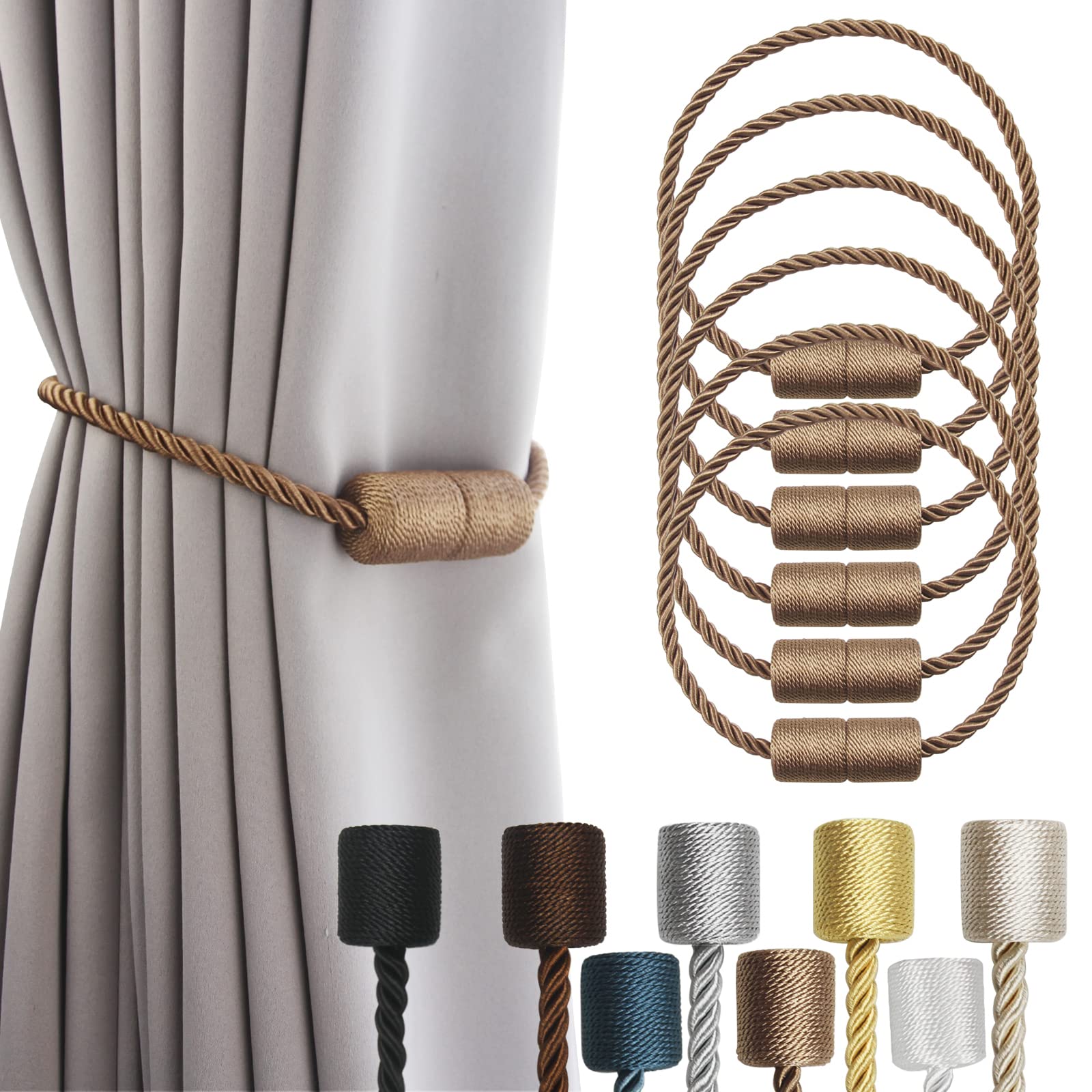 Porlau Khaki magnetic curtain tiebacks six-pack on window drapes for secure, stylish holdbacks