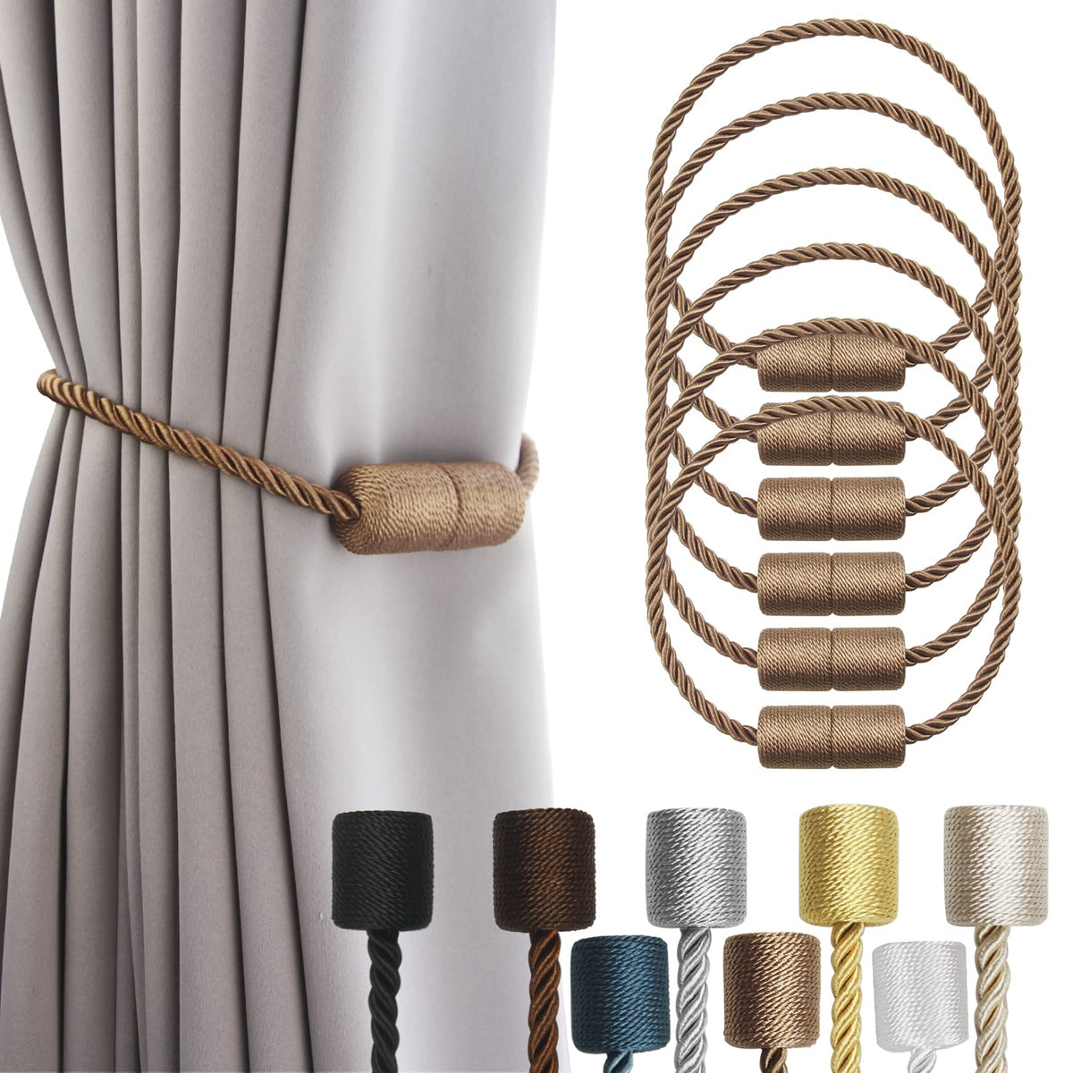 Porlau Khaki magnetic curtain tiebacks six-pack on window drapes for secure, stylish holdbacks