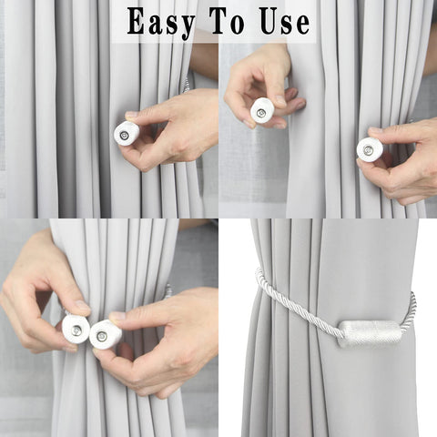 Porlau white magnetic holdbacks demonstrate secure curtain control in breeze.