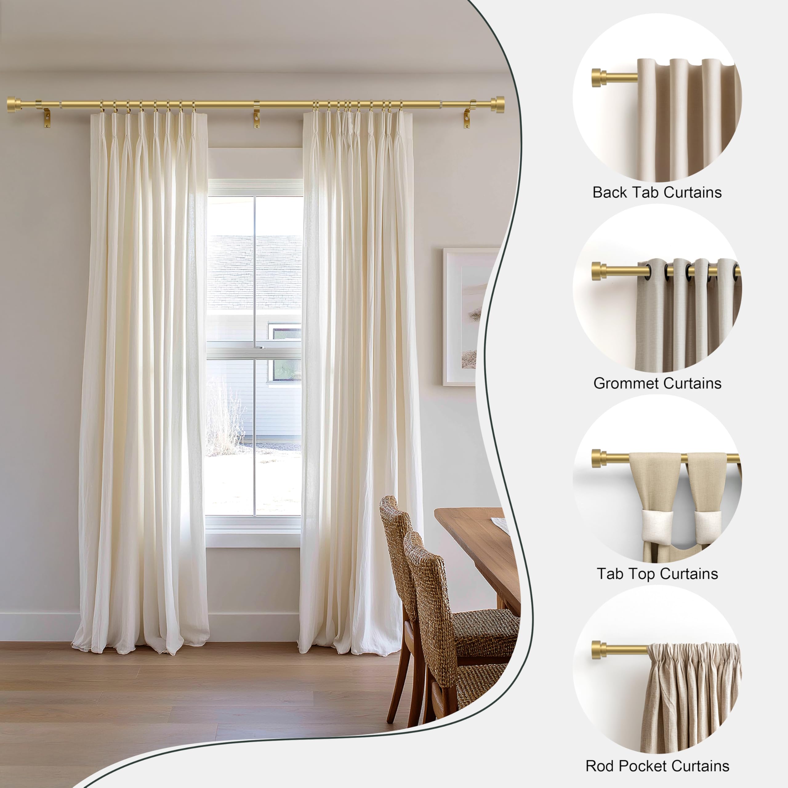 PORTRES 1-inch diameter heavy-duty rod supports heavier drapes without sag.