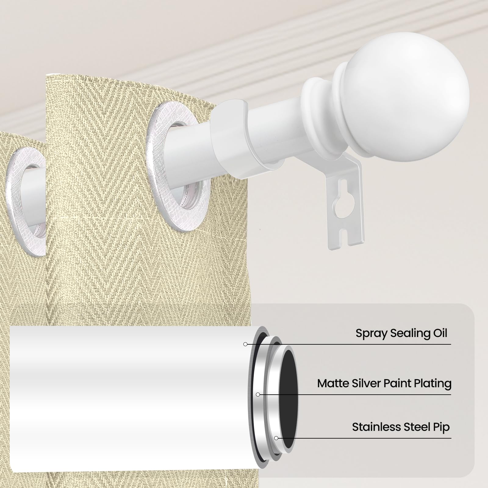 Poskena white curtain rod with round-head design for elegant windows