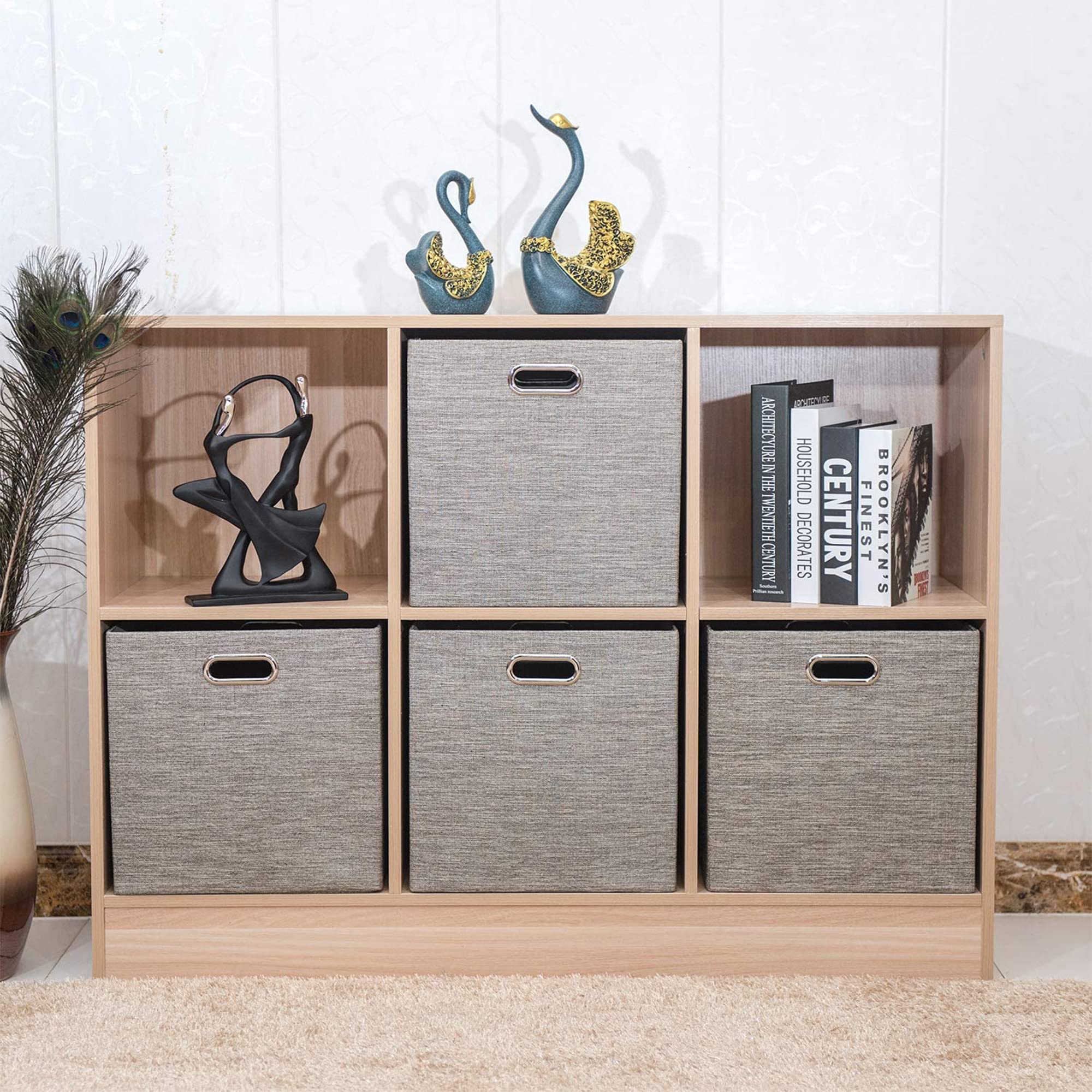 Posprica collapsible cubby storage bin sits neatly on a shelf for easy access.