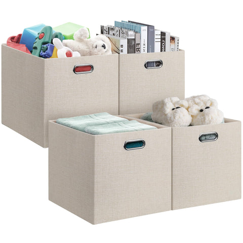 Posprica collapsible fabric storage bin 13x15x13 beige front view for organized shelves
