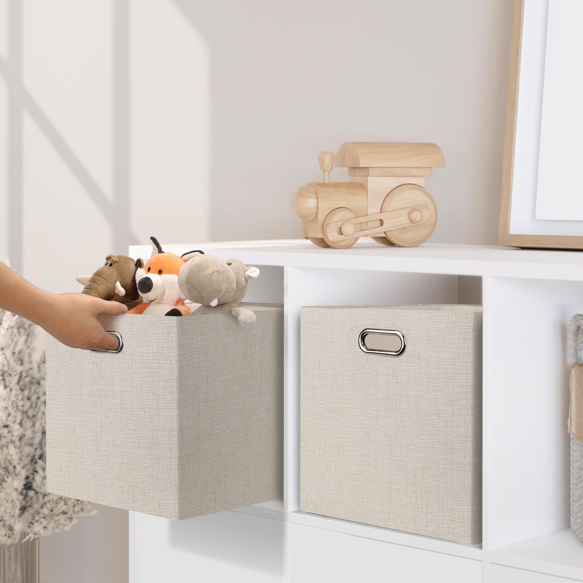Posprica storage bin placed in an IKEA Kallax cubby for tidy storage