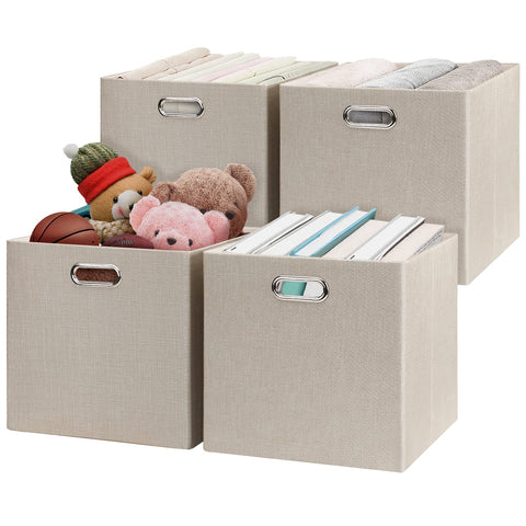 Posprica beige storage cube basket showing foldable 13x13 design for versatile closet organization.