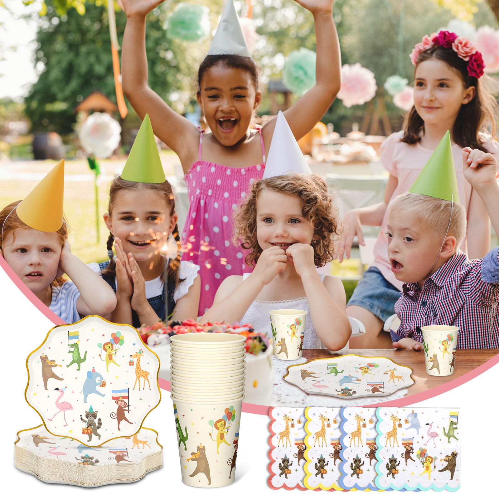 Potchen Animal Parade border colors add cohesive accents to your table decor.