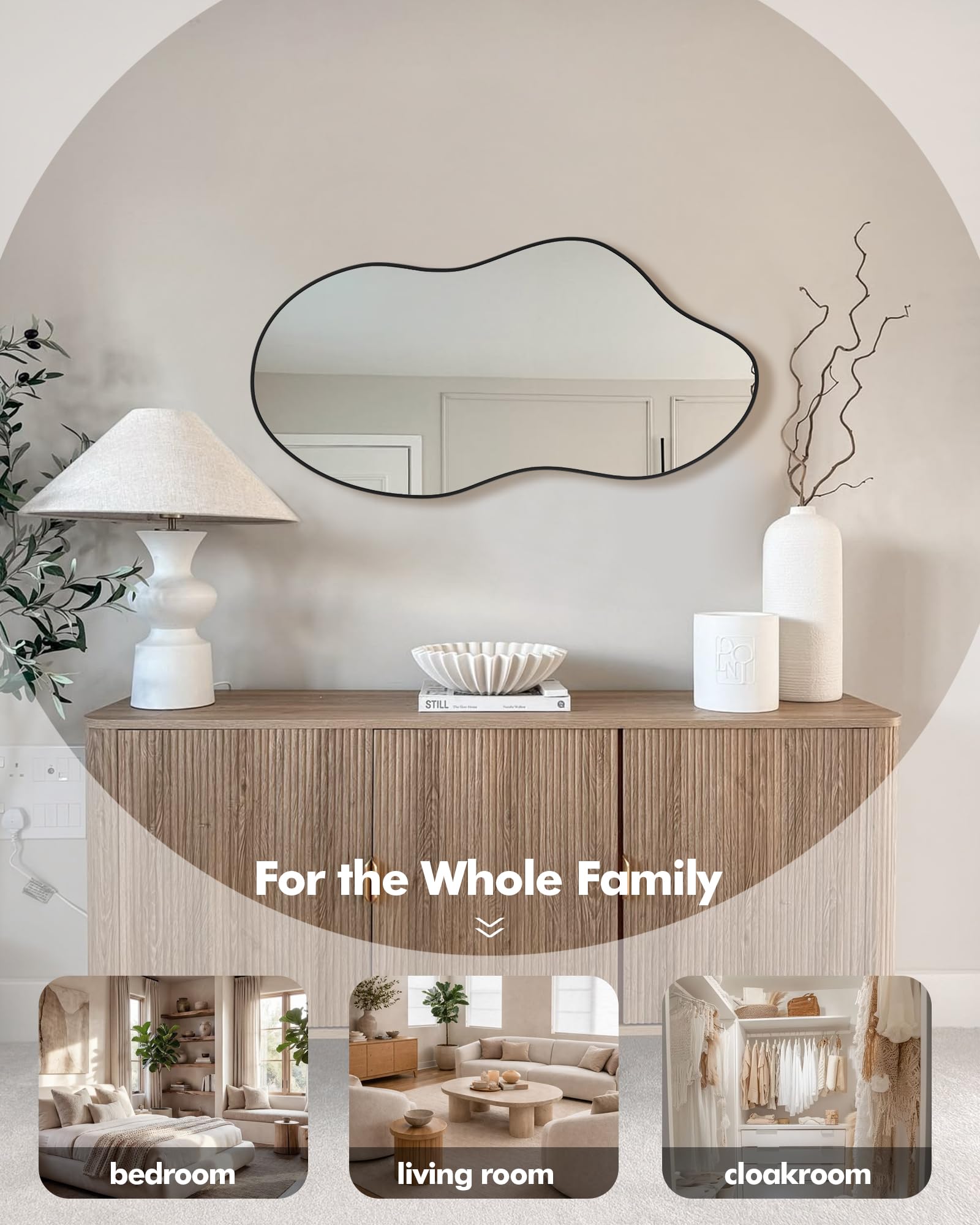 Potijo easy-install mirror with 3 hooks simplifies vertical or horizontal hanging.