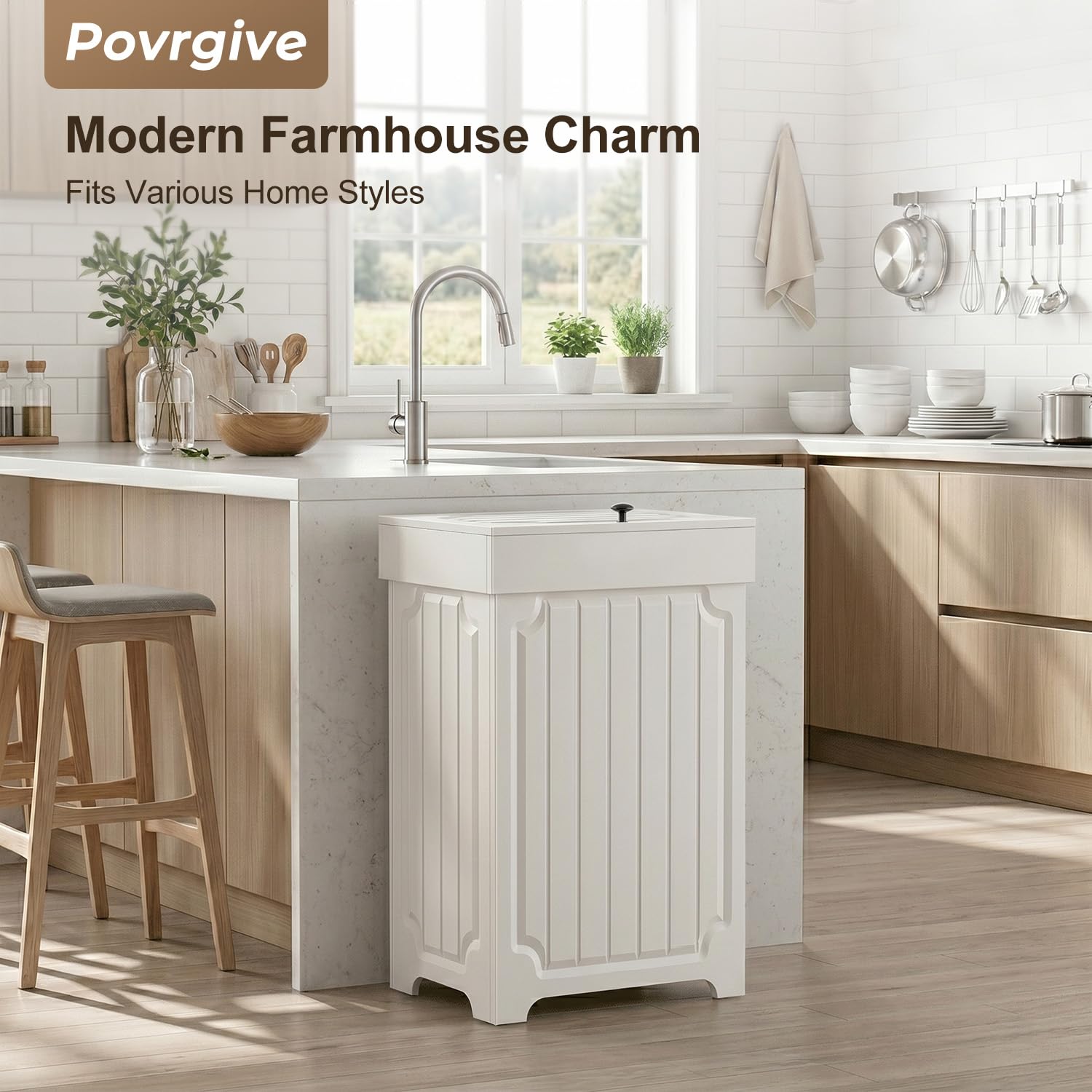 Raised panel detail adds modern farmhouse charm to Povrgive cabinet.