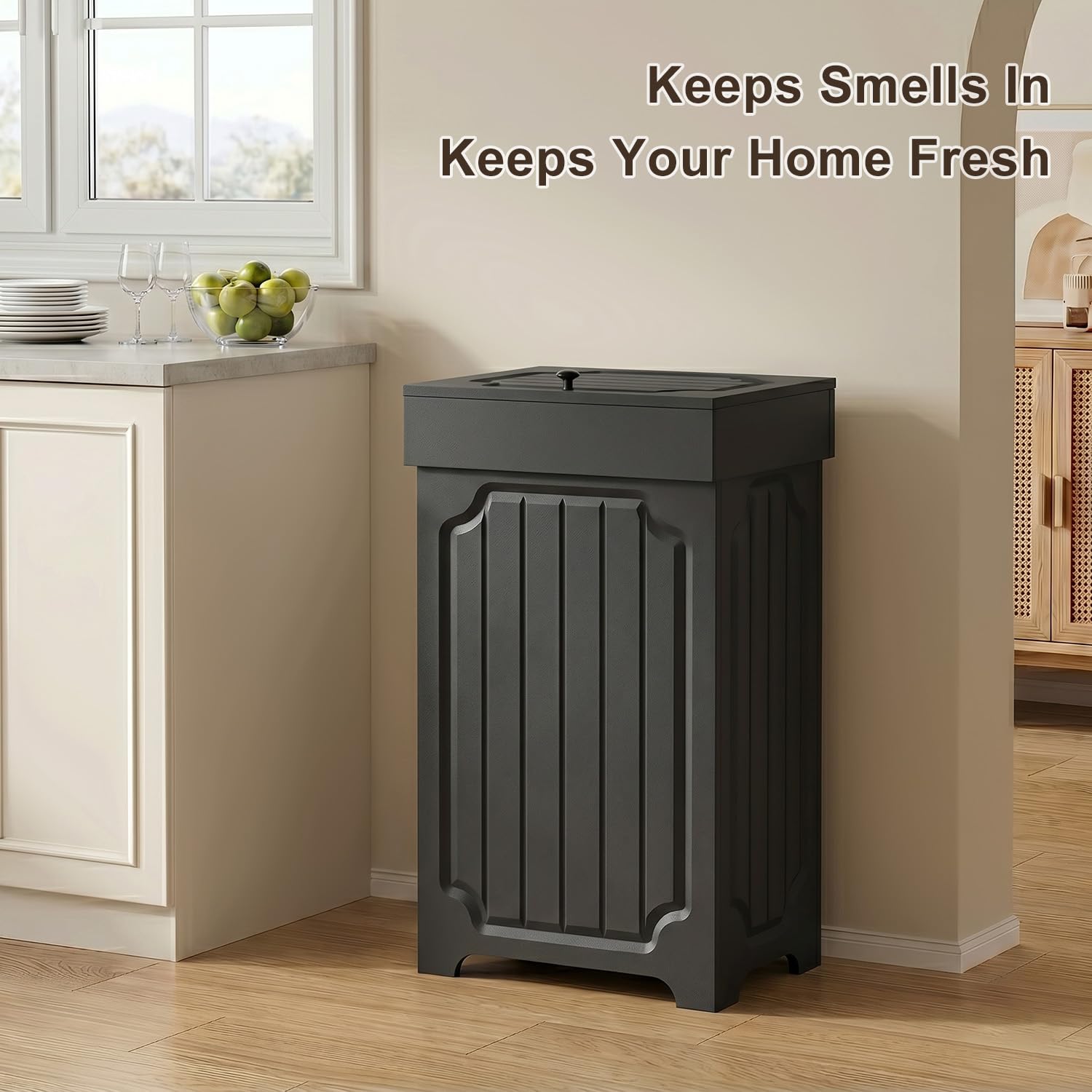 Povrgive Wood Trash Can Cabinet lid closed hides waste for a neat kitchen.