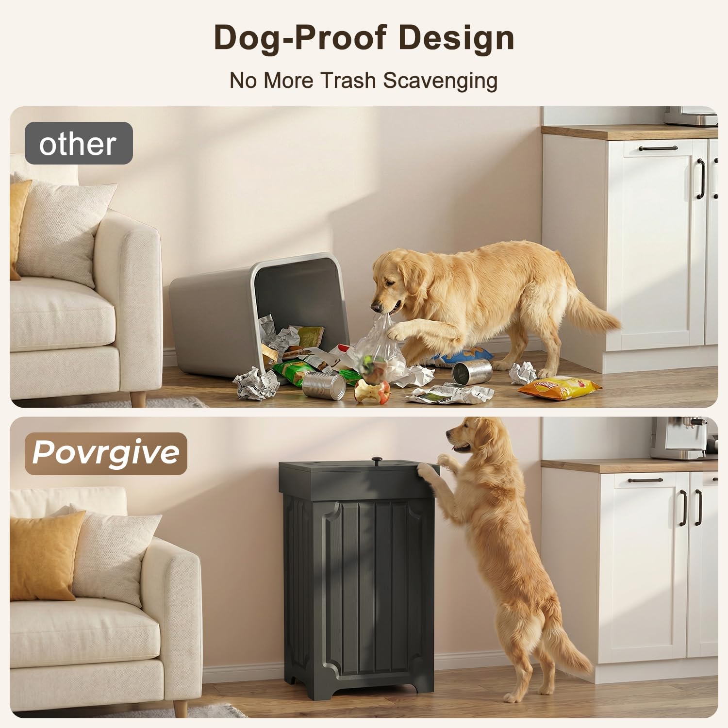 Povrgive Wood Trash Can Cabinet open-door view for easy waste access.