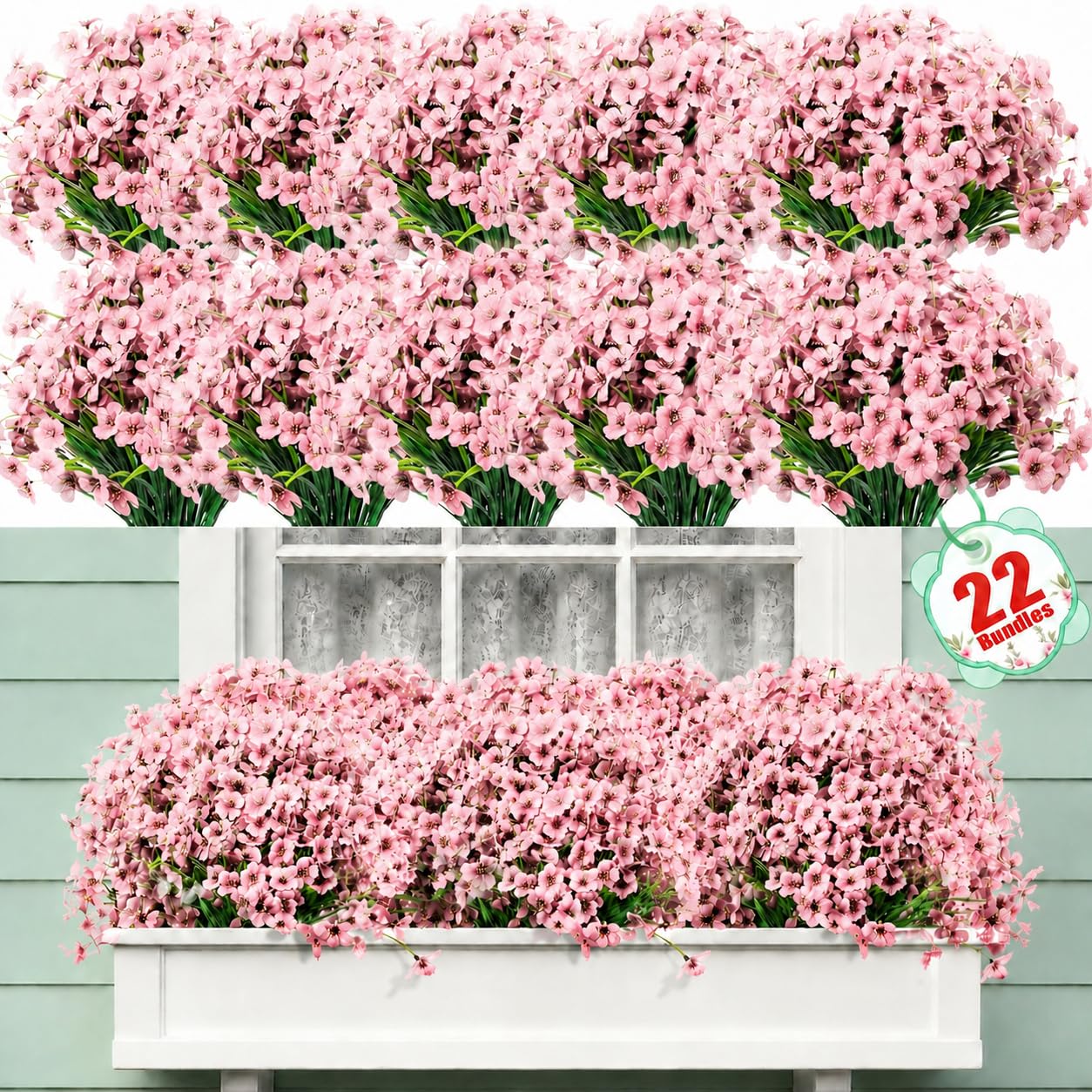 Powbrace 22-pack outdoor artificial flowers in pink for porch decor, UV resistant.