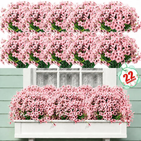 Powbrace 22-pack outdoor artificial flowers in pink for porch decor, UV resistant.