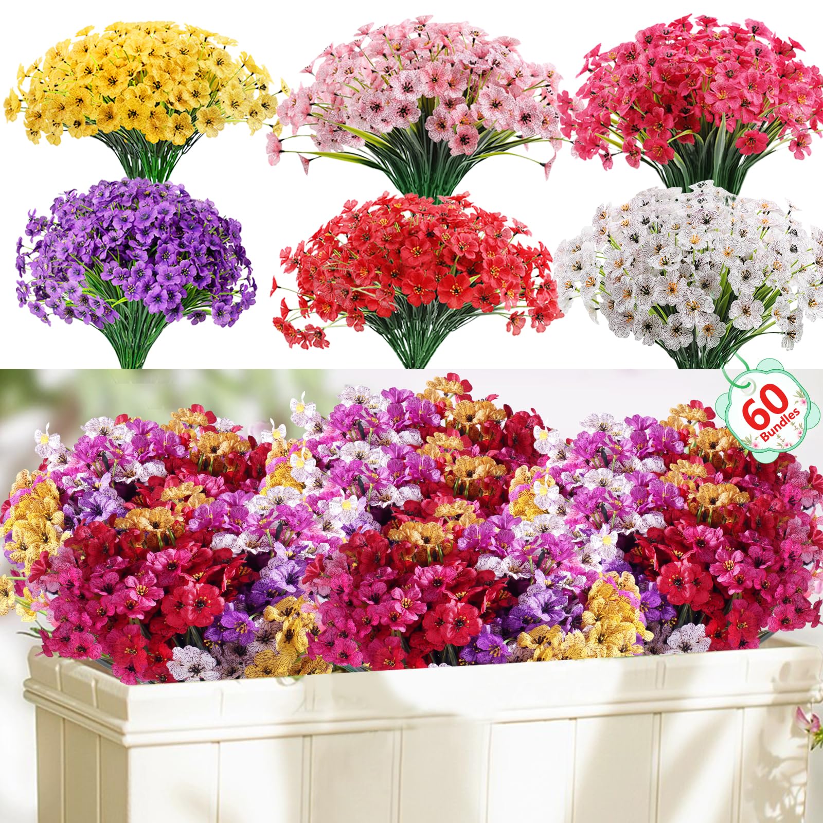 Powbrace outdoor artificial flowers on porch with silk petals and lasting color