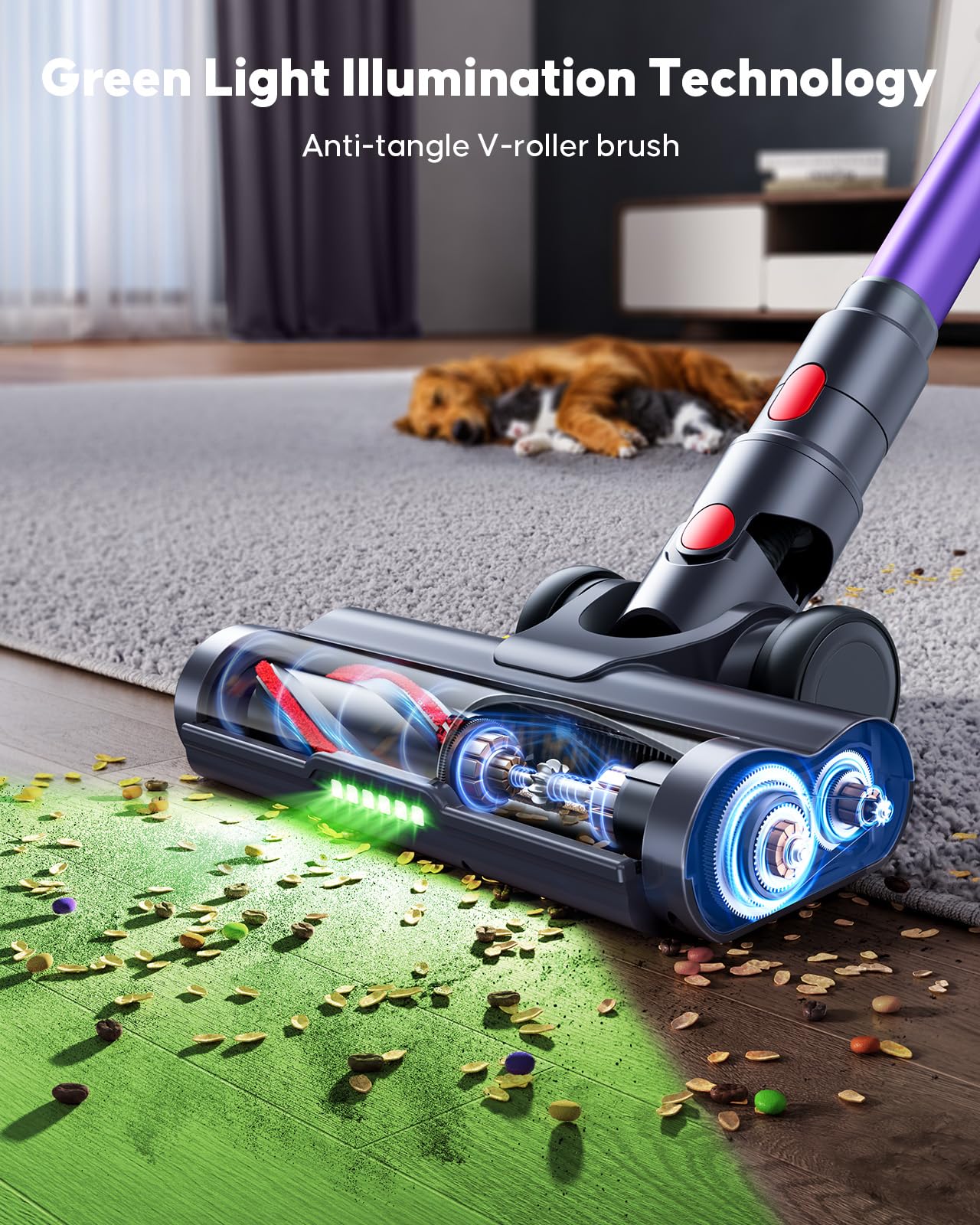 Powerffy Knight 10 cordless vacuum anti-tangle brush handles pet hair effectively.