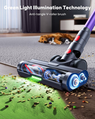Powerffy Knight 10 cordless vacuum anti-tangle brush handles pet hair effectively.