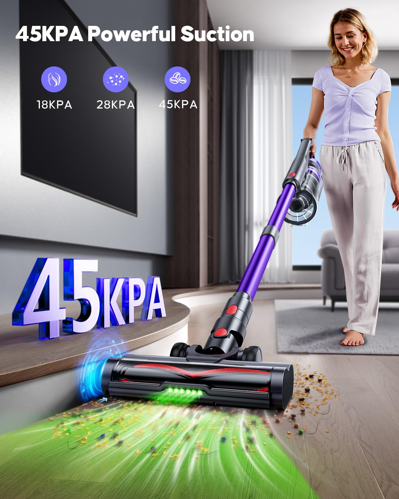 Powerffy Knight 10 cordless vacuum in Eco mode delivers extended runtime for large areas.