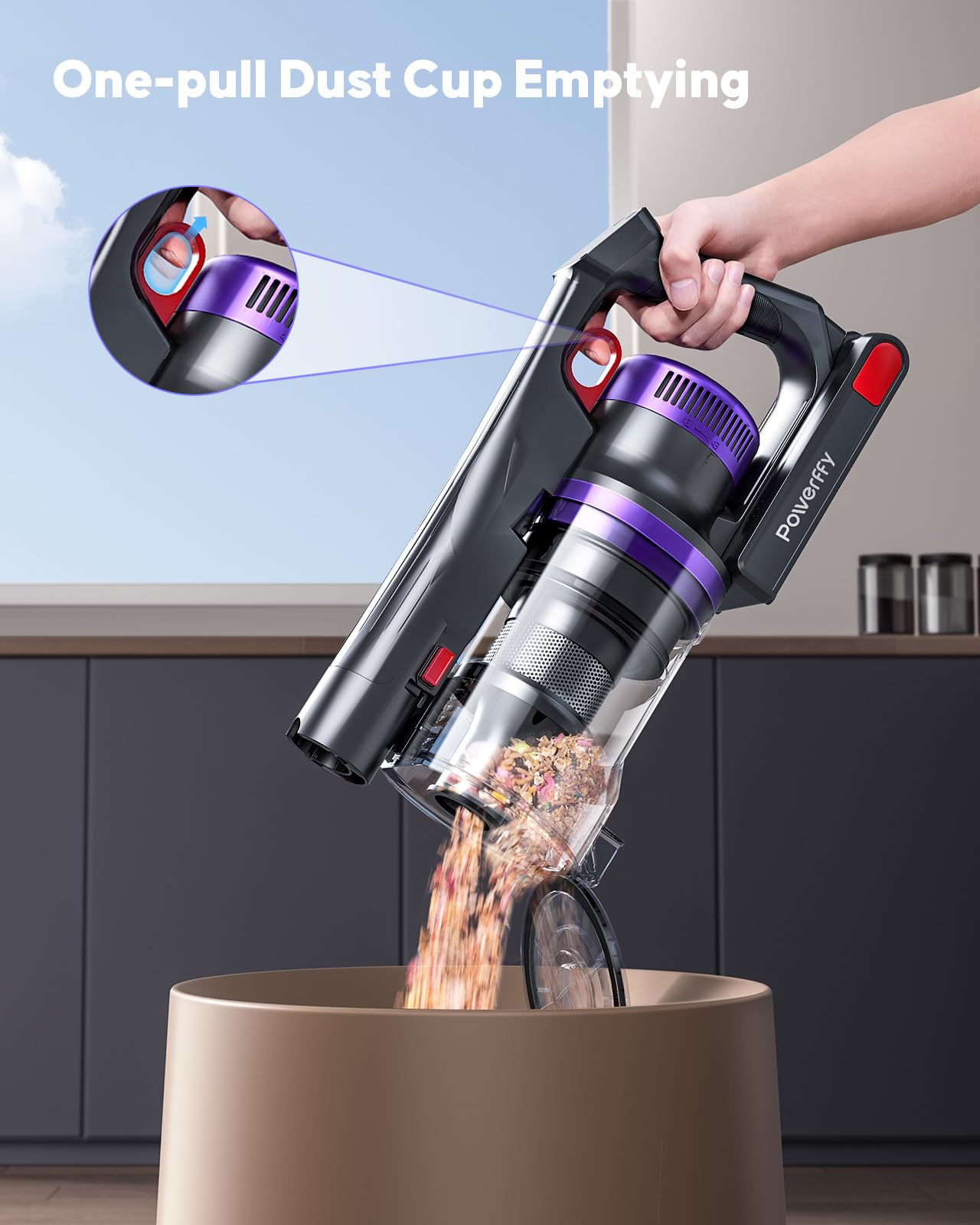 Powerffy Knight 10 cordless vacuum highlights green LED light for better dust visibility.