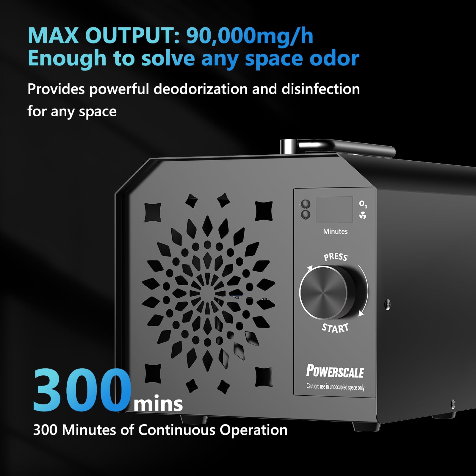 PowerScale ozone generator with washable filter supports low-maintenance odor elimination.