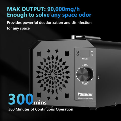 PowerScale ozone generator with washable filter supports low-maintenance odor elimination.