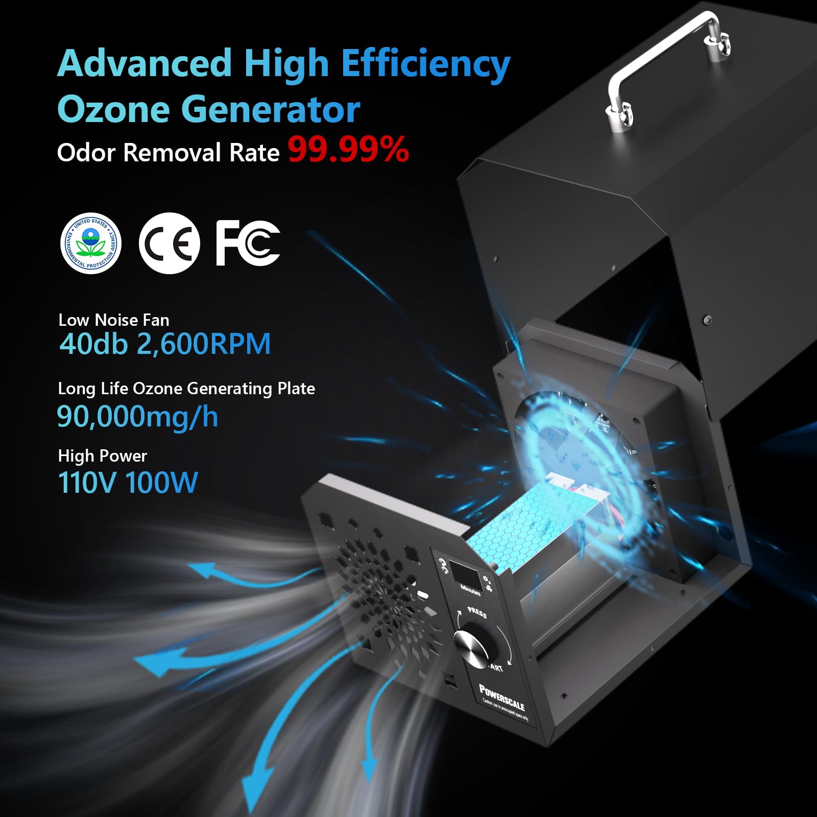 PowerScale ozone generator with removable filter for easy cleaning and maintenance.