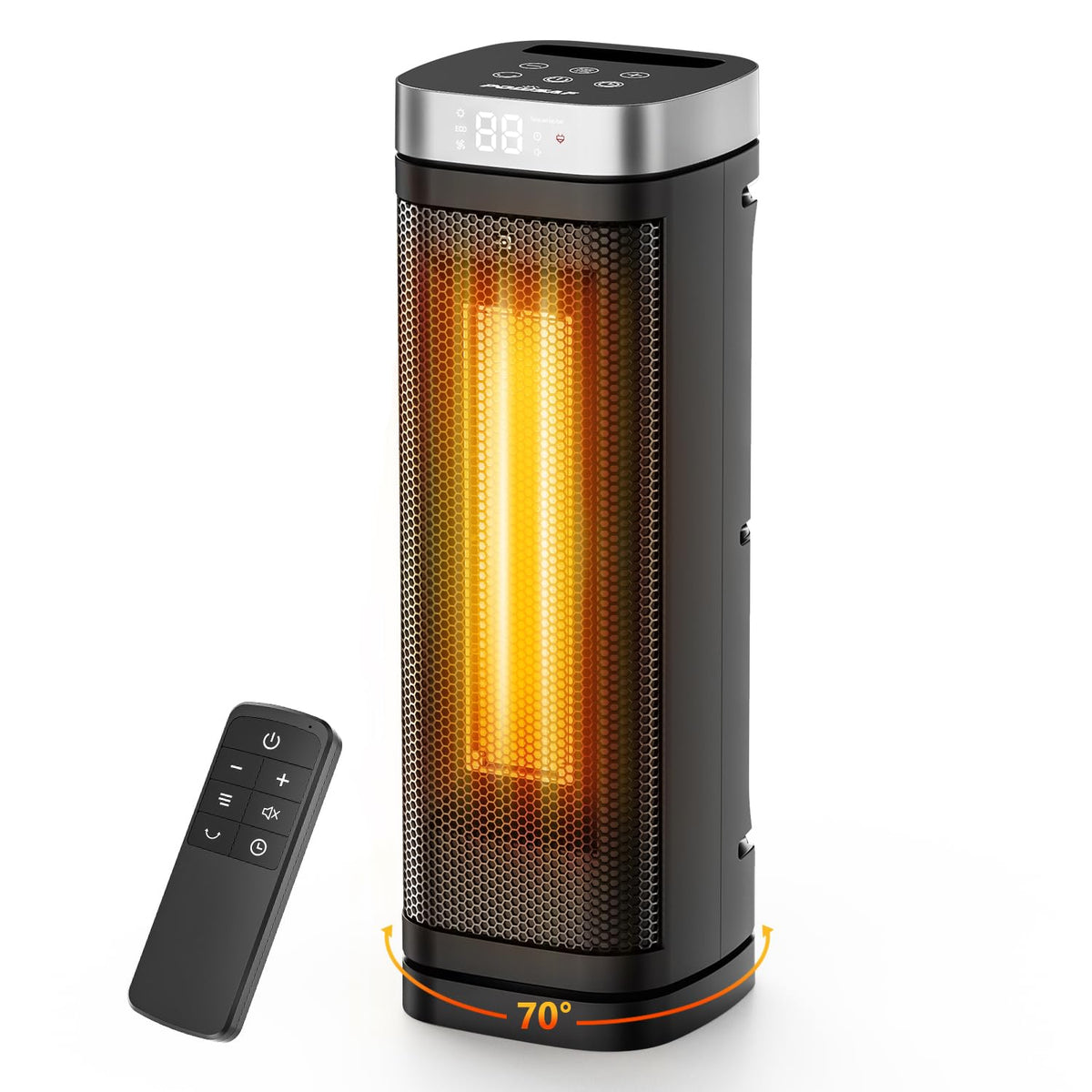 POWSAF 17-inch space heater front view showing compact design and heat output