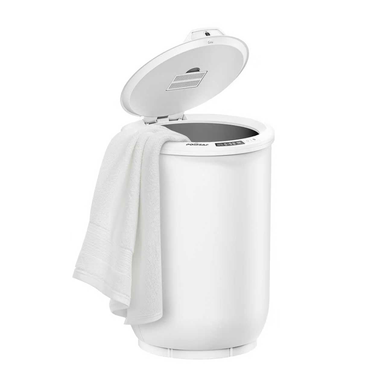 POWSAF towel warmer bucket front view highlighting spacious capacity for two oversized towels