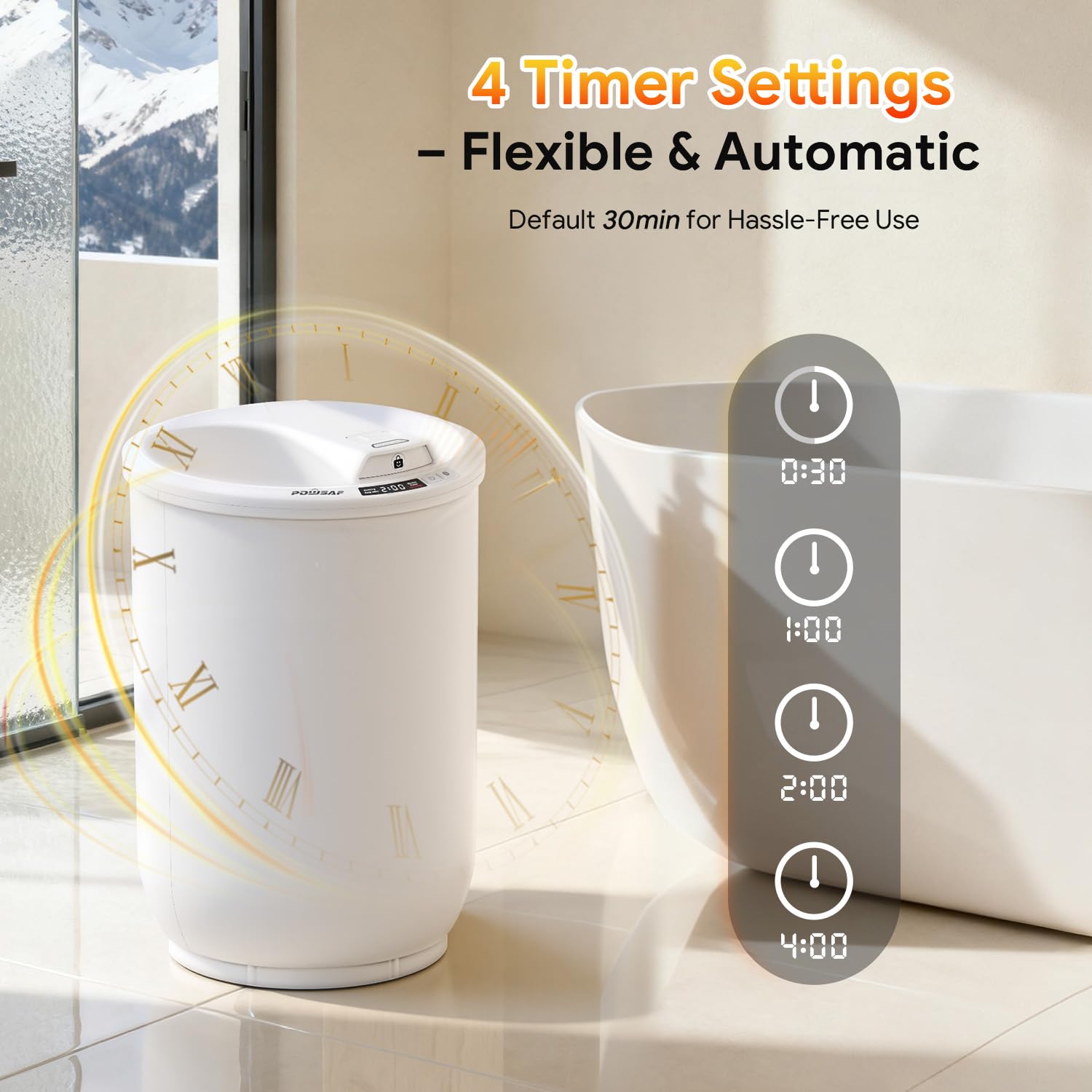 POWSAF towel warmer bucket with lid open showing interior for quick warmth