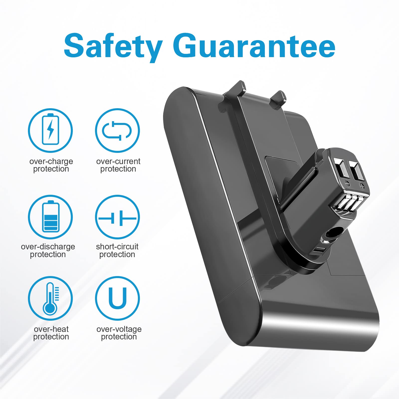 Battery with overload, over-current, short circuit, and temperature protections.