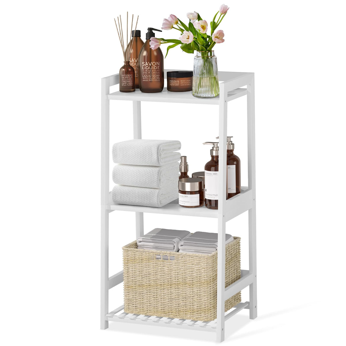 POXAKA 3-tier bamboo shelf unit displaying plants and books for tidy living spaces