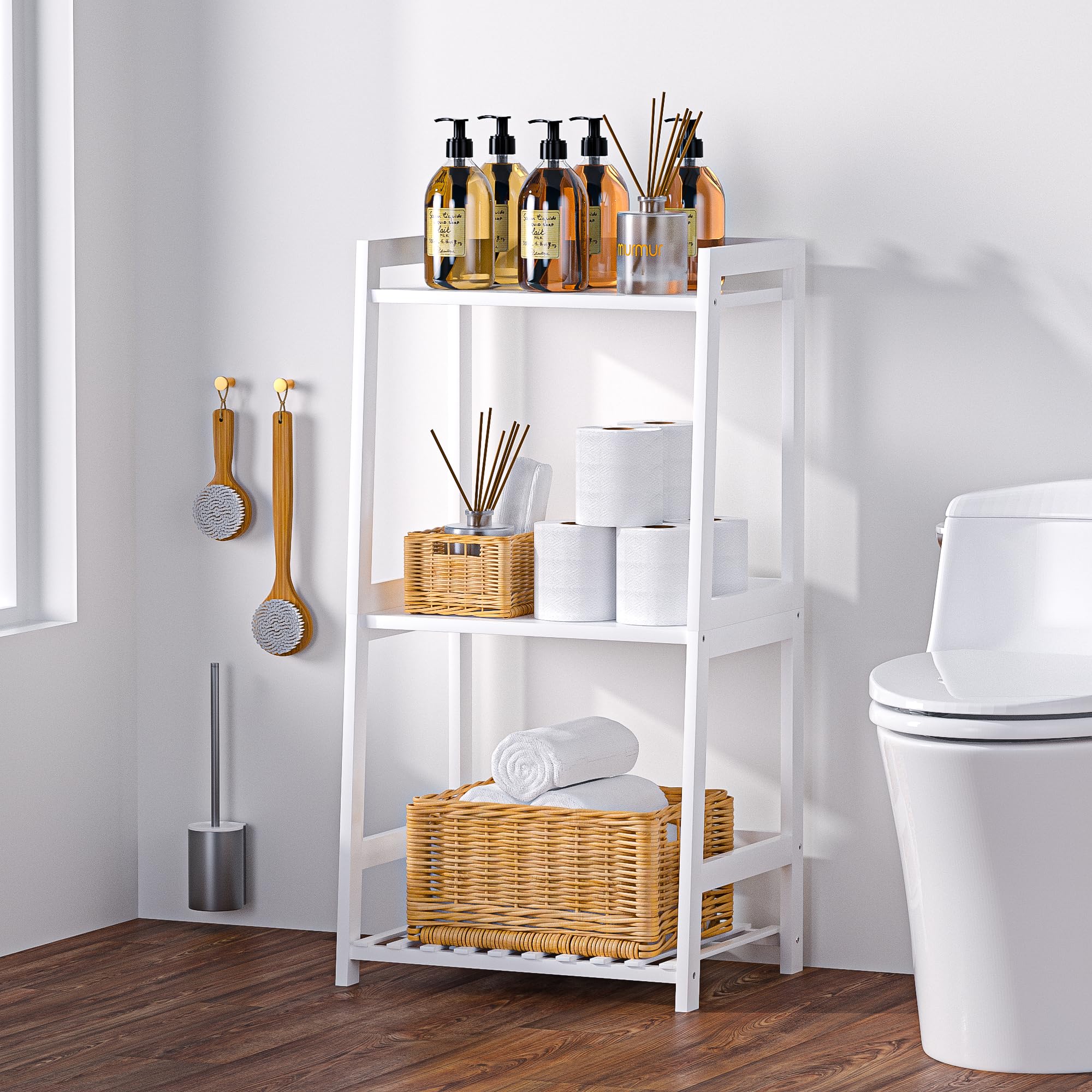 POXAKA ladder shelf in bathroom displaying towels for space-saving storage