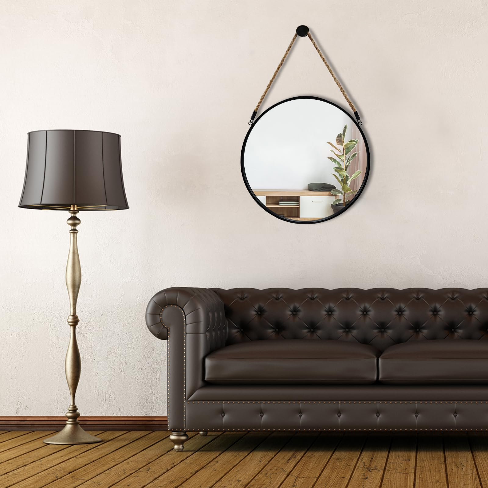 POZINO farmhouse circle mirror entryway creates a welcoming focal point