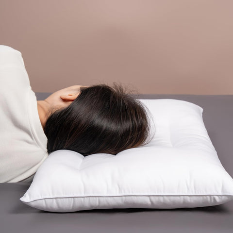 Pozino flat thin pillow close-up texture shows plush yet supportive fill.
